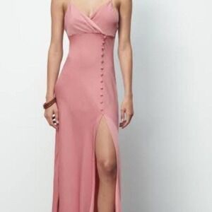 Zara Satin Button Front‎ Maxi Slip Dress Womens XS Pink Bloggers Fave Boho Fairy